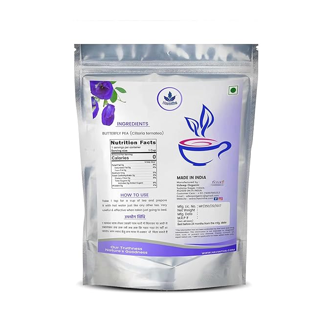 Havintha Natural Butterfly Pea Tea | Hot, Iced Butterfly Pea Flower Herbal Tea | Supports Skin &amp; Hair Health - Vegan - Caffeine Free - 25 gm | 0.881 oz (50 Cups)