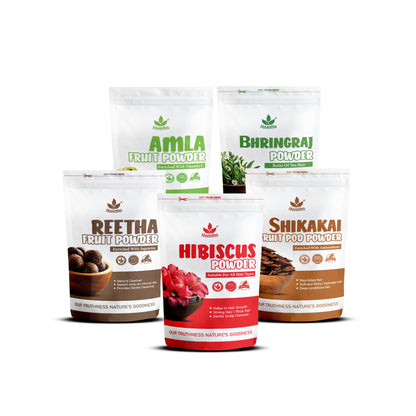 Havintha hair powder range with Reetha, Hibiscus, Shikakai, Amla, and Bhringraj powders.
