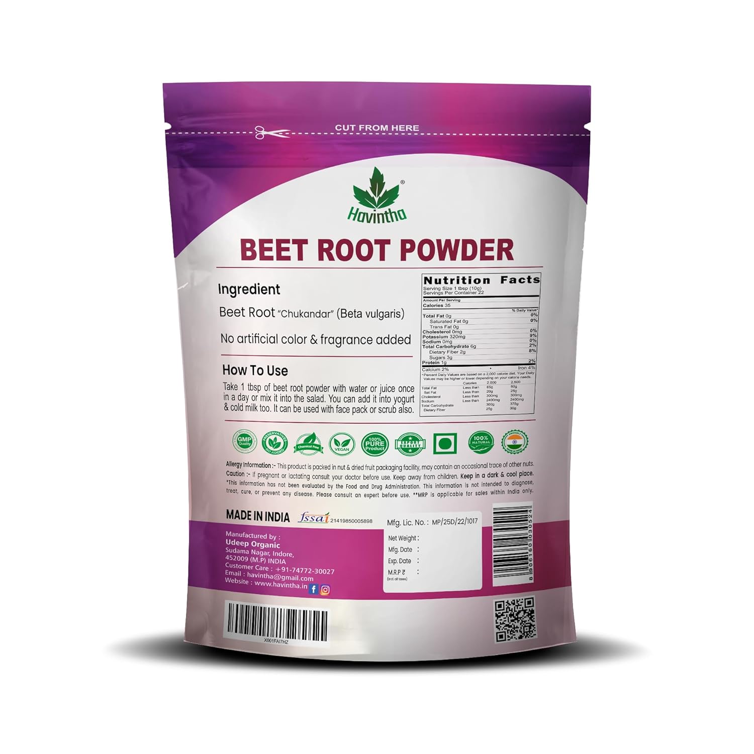 Havintha Natural Beet Root Powder For Improves Heart Health and Blood Pressure - 8 oz | 0.5 lb | 227 gm