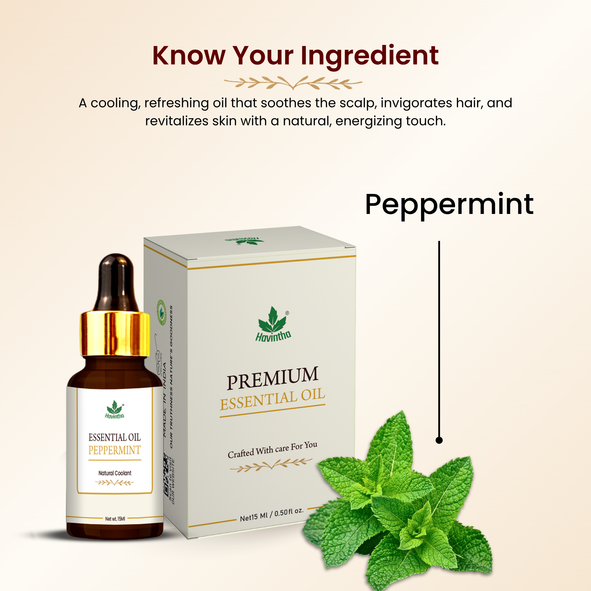Havintha Peppermint Essential Oil (Mentha piperita) Pure Aroma for Skin, Hair and Aromatherapy For Cold and Congestion - 15ml.
