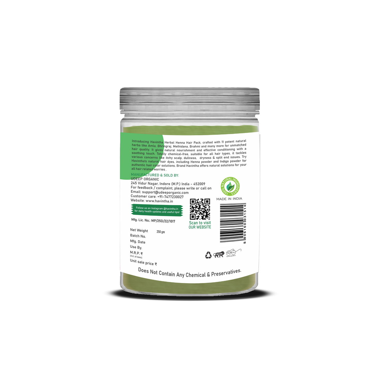 Havintha Herbal Henna Powder | Natural Hair Color | With Amla, Hibiscus, Neem, Green Tea | 8 oz | 250 Grams (JAR)