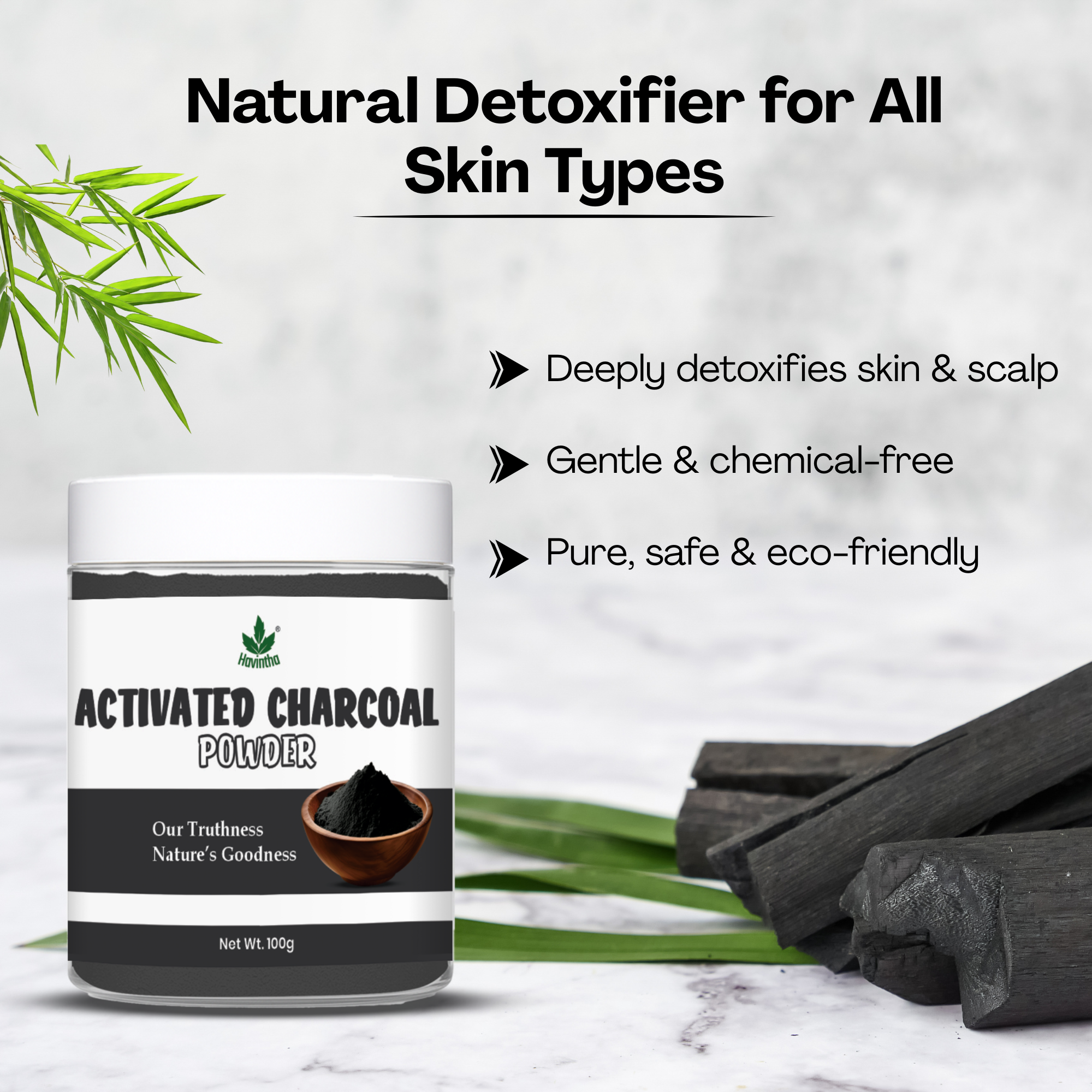 Havintha 100% Natural Activated Charcoal Powder for Skin, Face Pack, Removes Dead Skin and Natural Detoxifier for Your Body - 3.5oz | 0.2lb | 100g