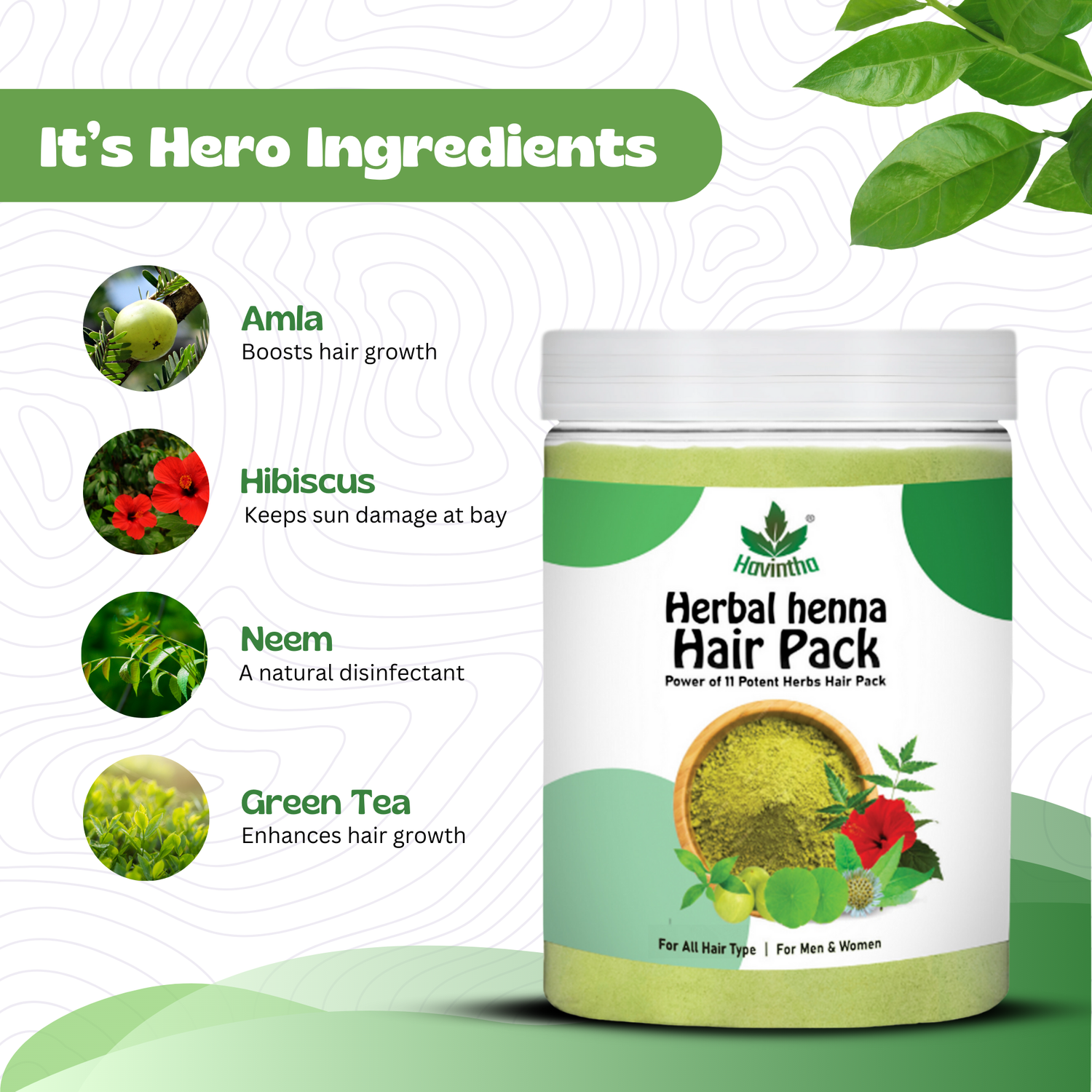 Havintha Herbal Henna Powder | Natural Hair Color | With Amla, Hibiscus, Neem, Green Tea | 8 oz | 250 Grams (JAR)