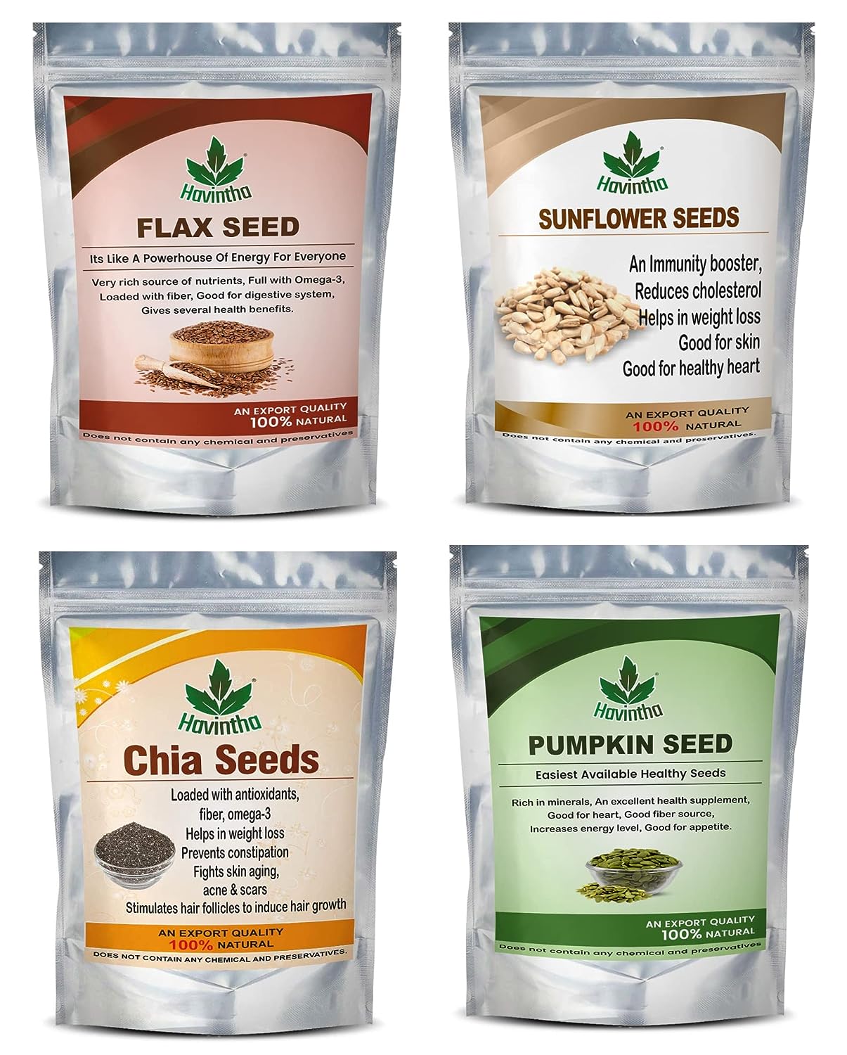 Havintha Natural Sunflower, Pumpkin, Chia, Flax Seeds (Combo Pack) - Each  3oz 100 Gm (Total 14oz , 400gm)