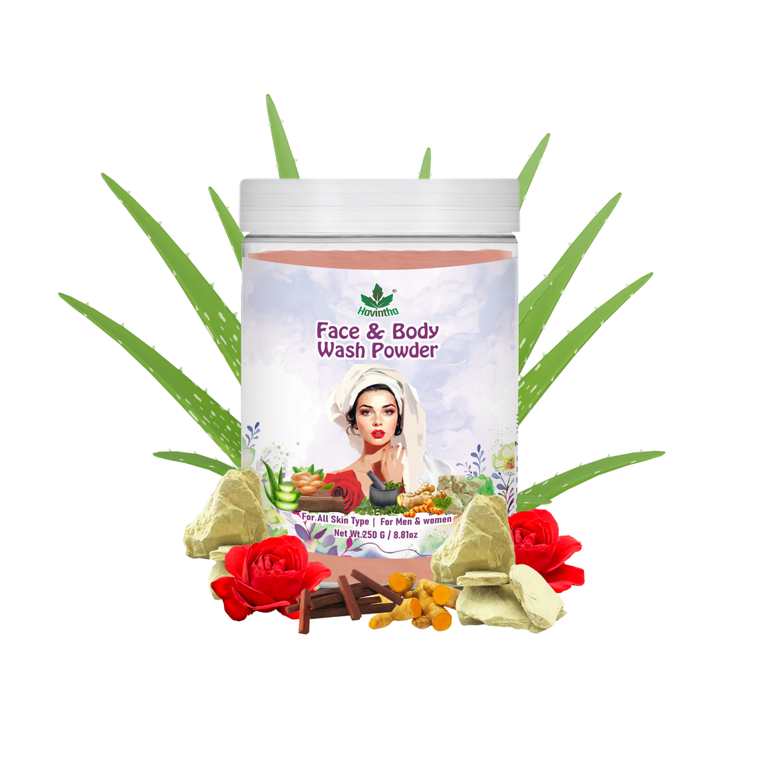 Havintha Natural Face &amp; Body Wash Powder | For Glowing &amp; Shiny Skin |  8 oz | 250 Grams (JAR)