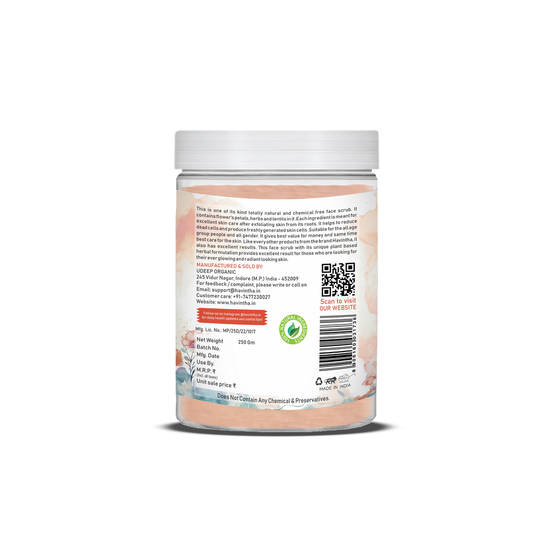 Havintha Natural Face Scrub Powder | Khas-Khas Face Scrub | For Glowing Skin |  8 oz | 250 Grams (JAR)