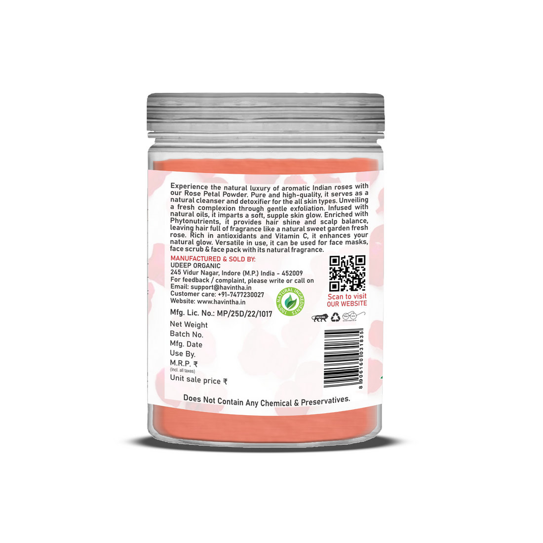 Havintha Natural Rose Petals Powder | For Skin Brightening | 8 oz | 250 Grams (JAR)