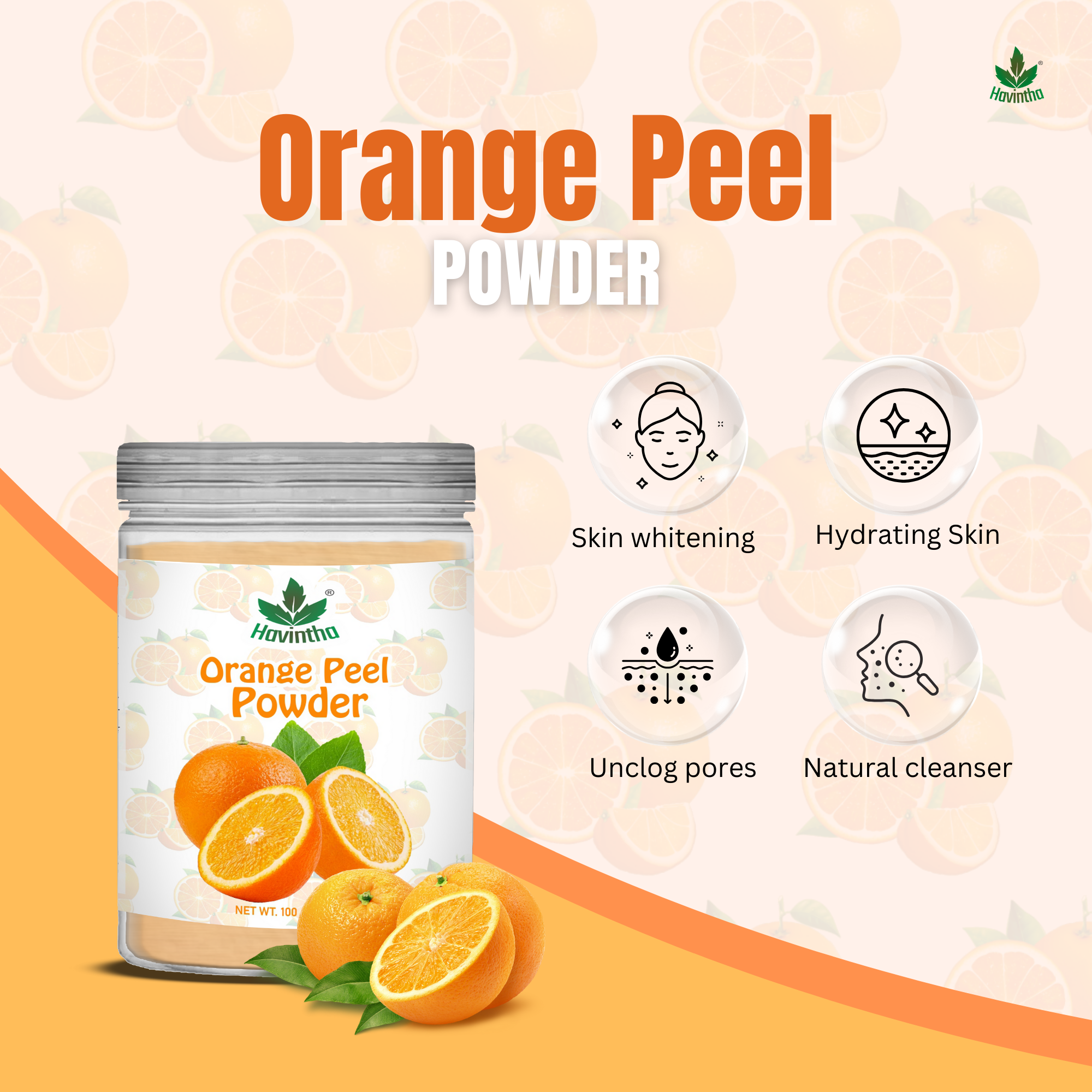 Havintha Natural Orange Peel Powder |For Bright Skin | All Skin type | 8 oz | 250 Grams (JAR)