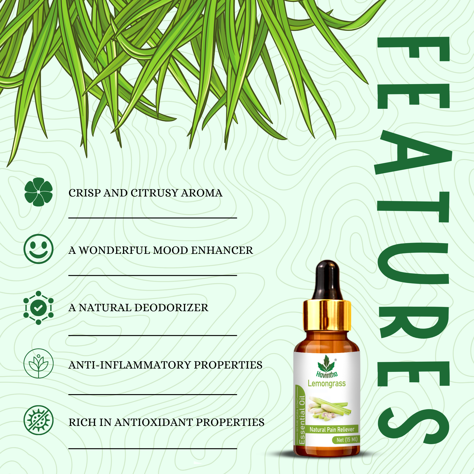 Havintha Lemongrass Essential Oil for Skin Health and Stress Reliever - Pure and Organic Product - 15 ml.