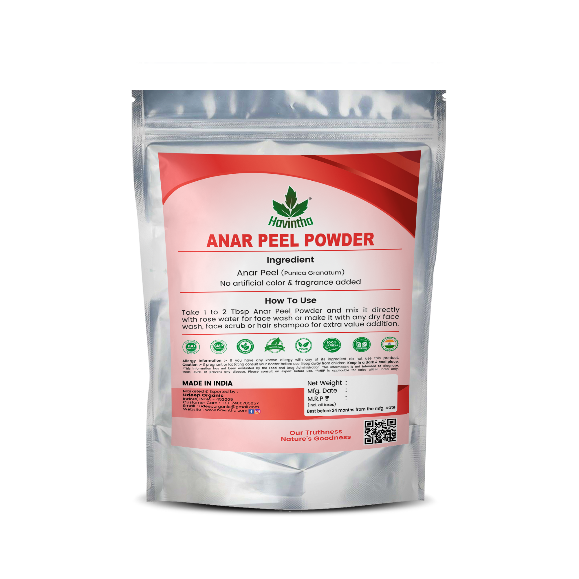 Havintha Natural Anar Chilka Powder | Pomegranate Peel Powder for Skin Care - 8 oz | 0.5 lb | 227 gm