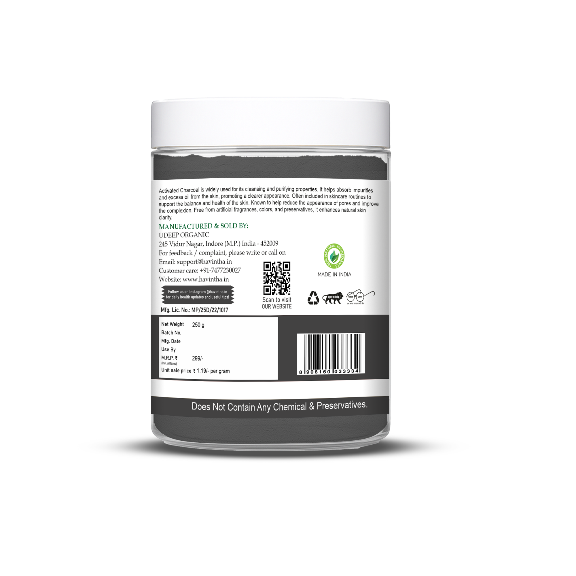 Havintha Activated Charcoal Powder | 100% Natural for Face &amp; Body | 8 oz | 250 Grams (JAR)