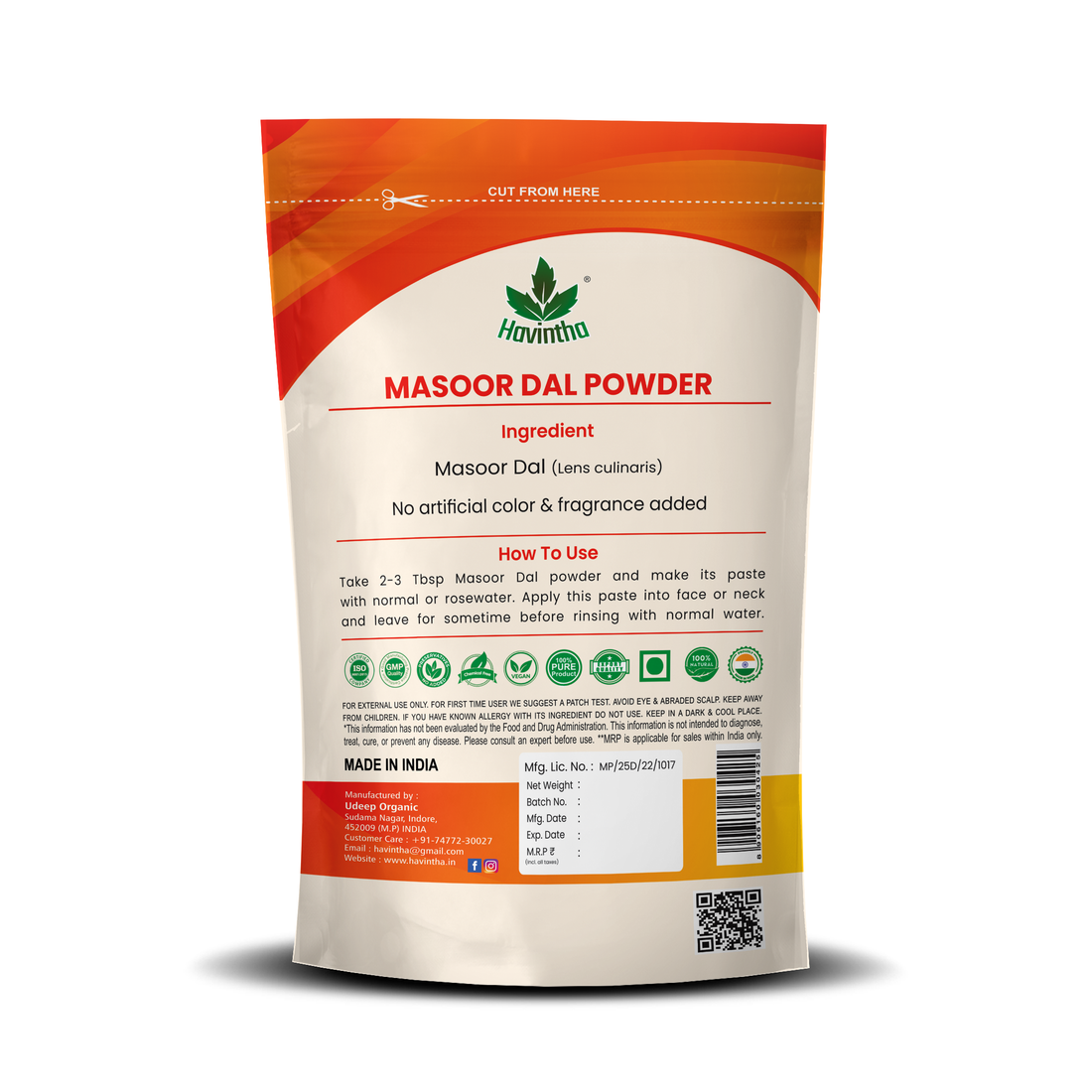 Havintha Masoor Dal Powder For Herbal face wash - 8 oz | 0.5 lb | 227 gm