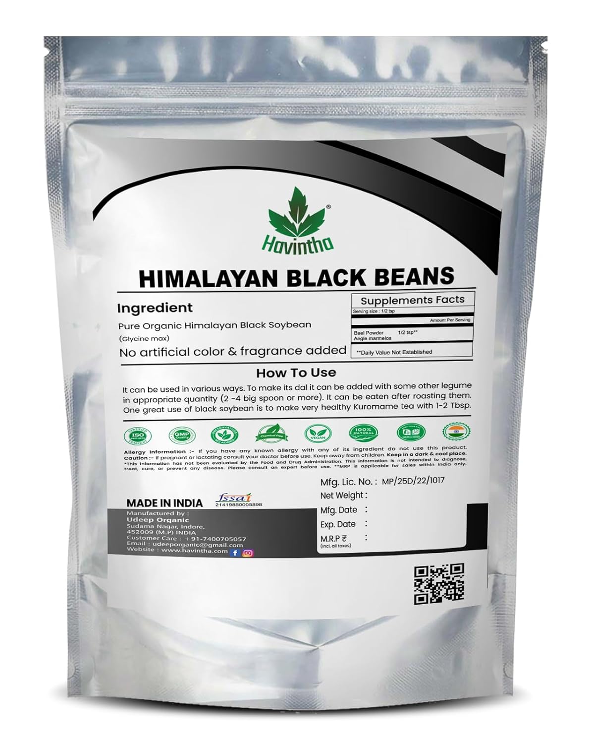 Havintha Natural Black Beans | Black Soybeans - 8oz, 250 Gm