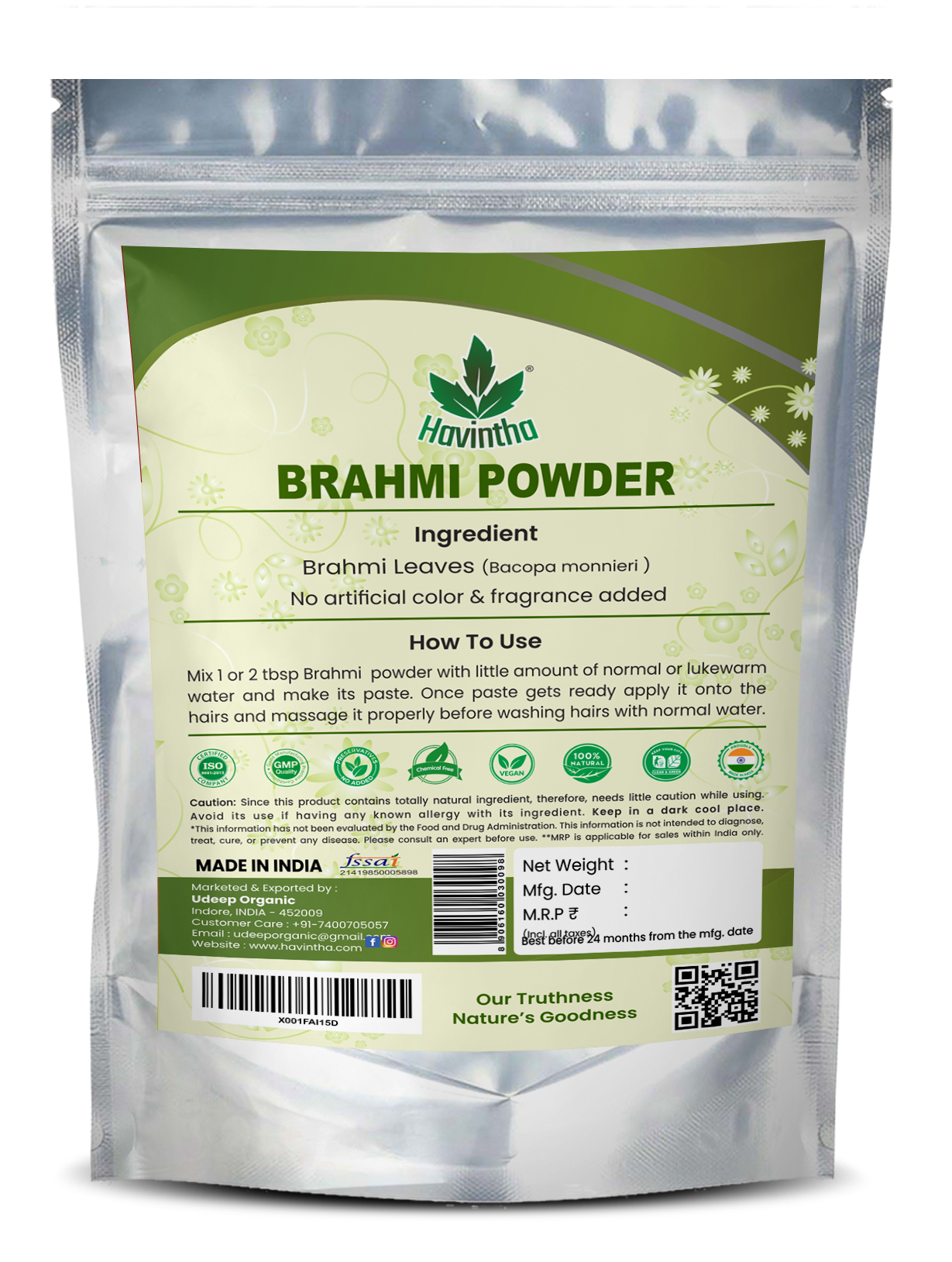 Havintha Natural Brahmi Powder for hair growth and Scalp Treatment - 8 oz | 0.5 lb | 227 gm