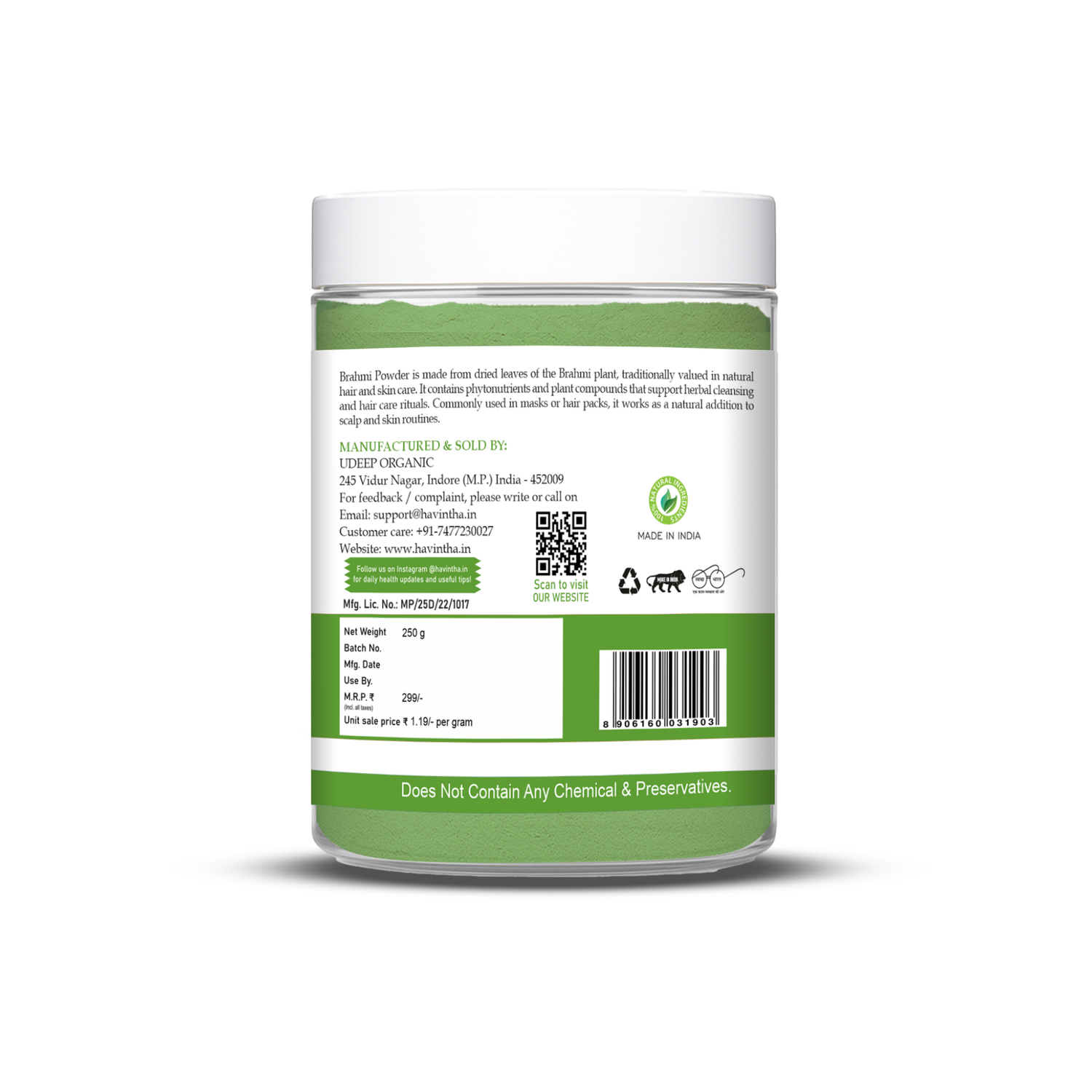 Havintha Natural Brahmi Powder for hair growth and Scalp Treatment - 8.81 oz | 0.5 lb | 250 gm