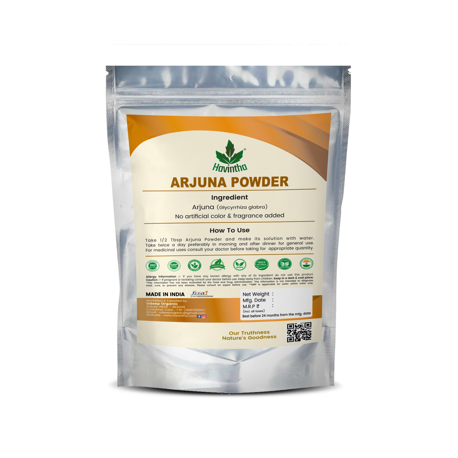 Havintha Natural Arjuna Powder/Arjun Chaal Powder - 8 oz | 0.5 lb | 227 gm