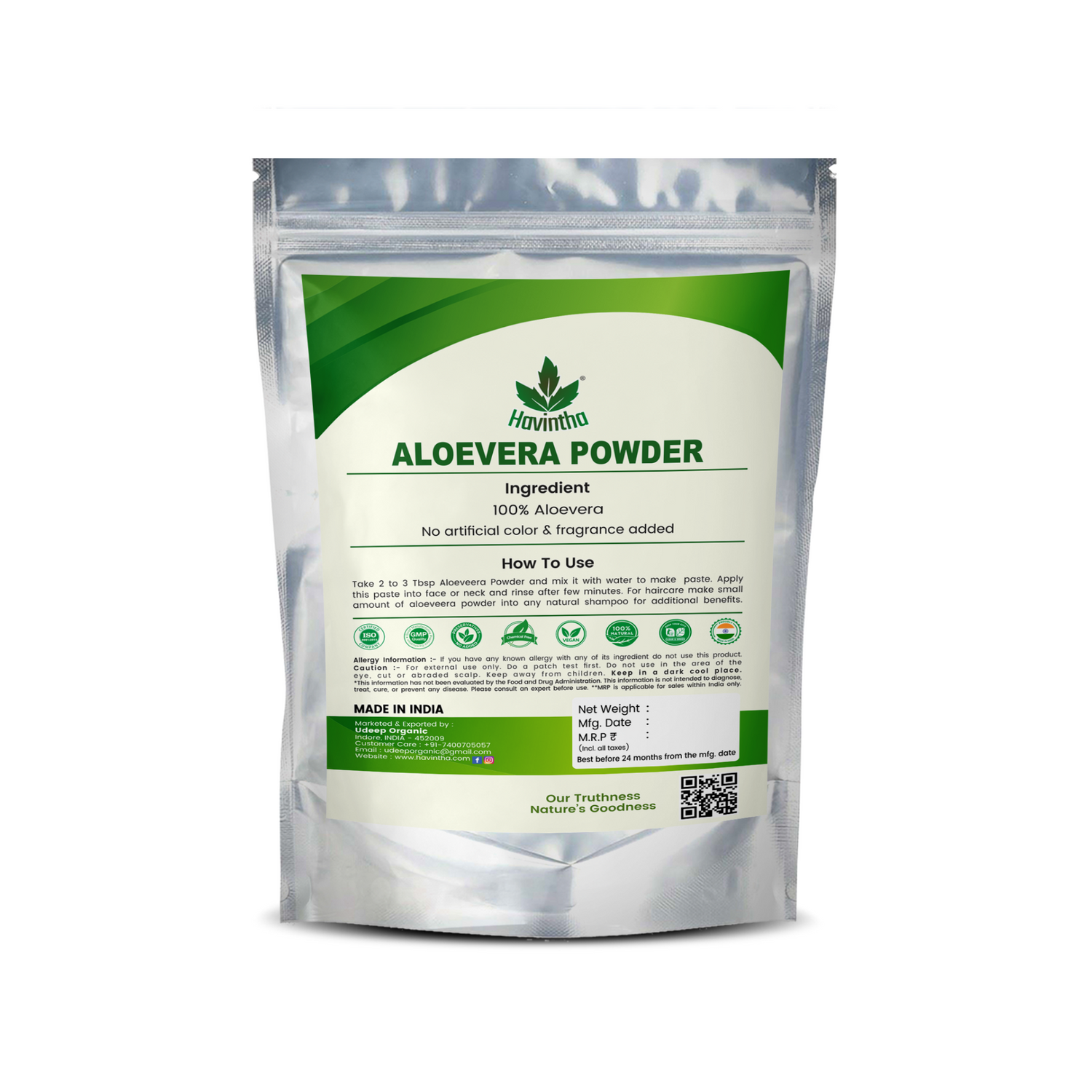 Havintha Natural Aloevera Powder for Hair Growth, Face Wash - 8 oz | 0.5 lb | 227 gm