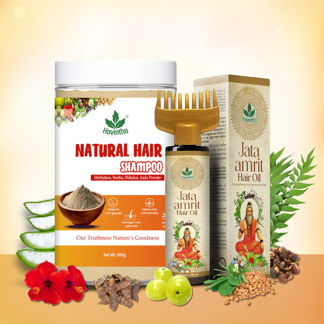 Natural Hair Shampoo (500g | 18 oz) for Scalp Clean &amp; Hair Growth | Jata Amrit Hair Oil (100ml | 3 oz) for Nourishment &amp; Shine | For Men &amp; Women