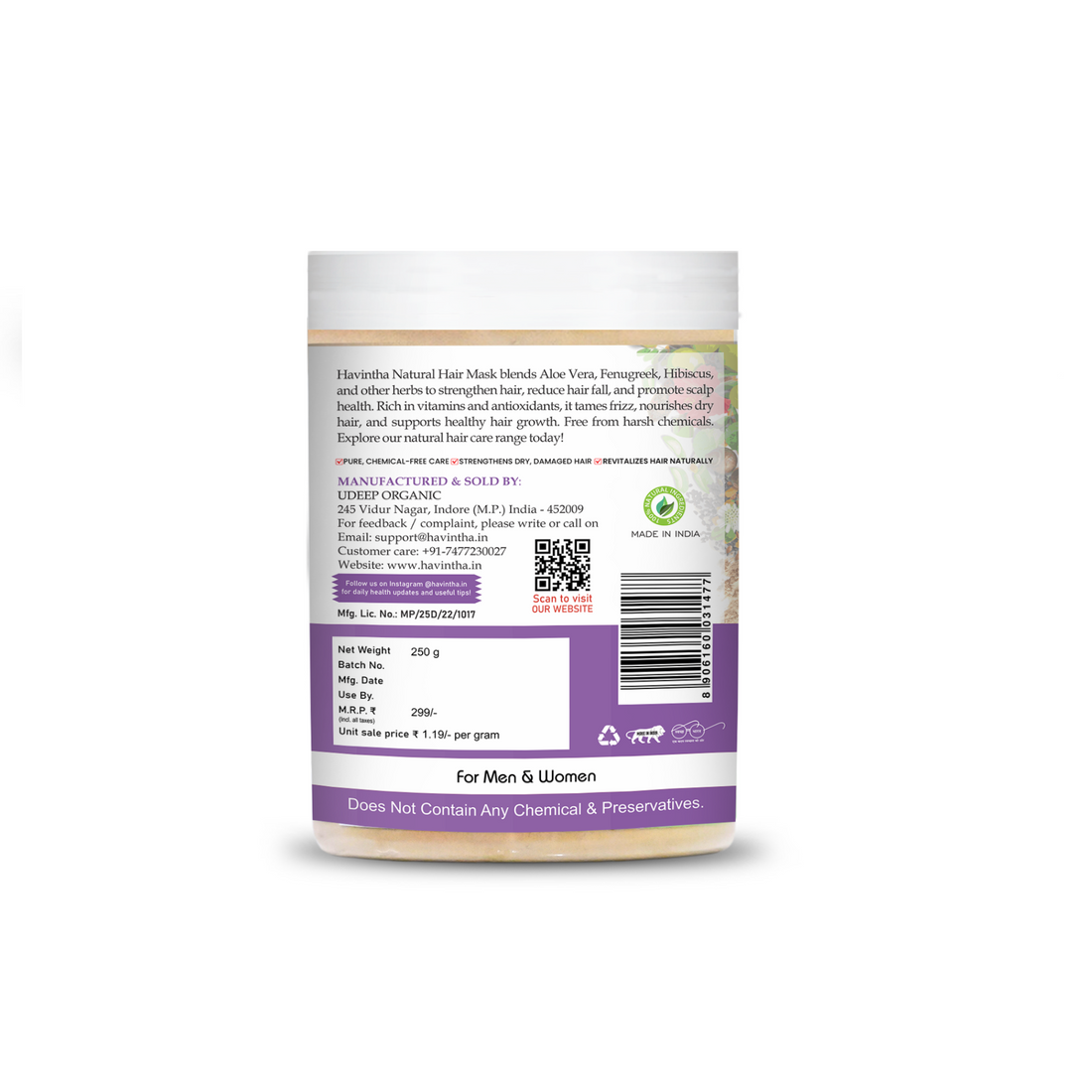 Havintha Natural Hair Mask Powder for Dandruff, Hair Fall, and Hair Growth -  8 oz  250 Grams (JAR)
