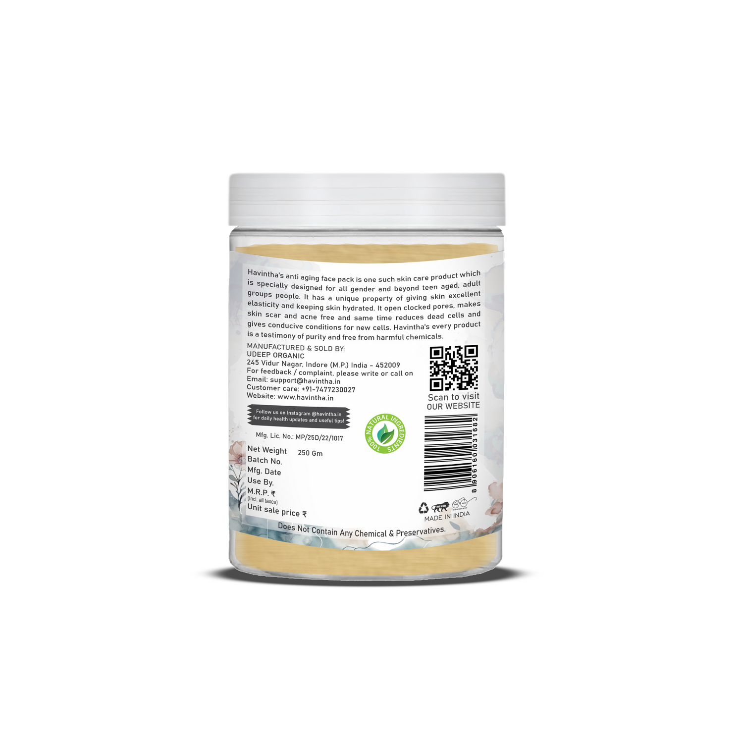 Havintha Anti aging face pack | Makes Healthy Skin | Improve Skin Texture | 8.81 oz | 250 Grams (JAR)