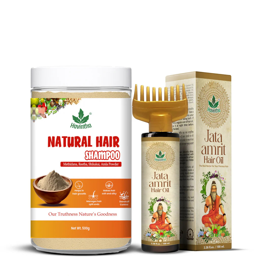 Natural Hair Shampoo (500g | 18 oz) for Scalp Clean &amp; Hair Growth | Jata Amrit Hair Oil (100ml | 3 oz) for Nourishment &amp; Shine | For Men &amp; Women