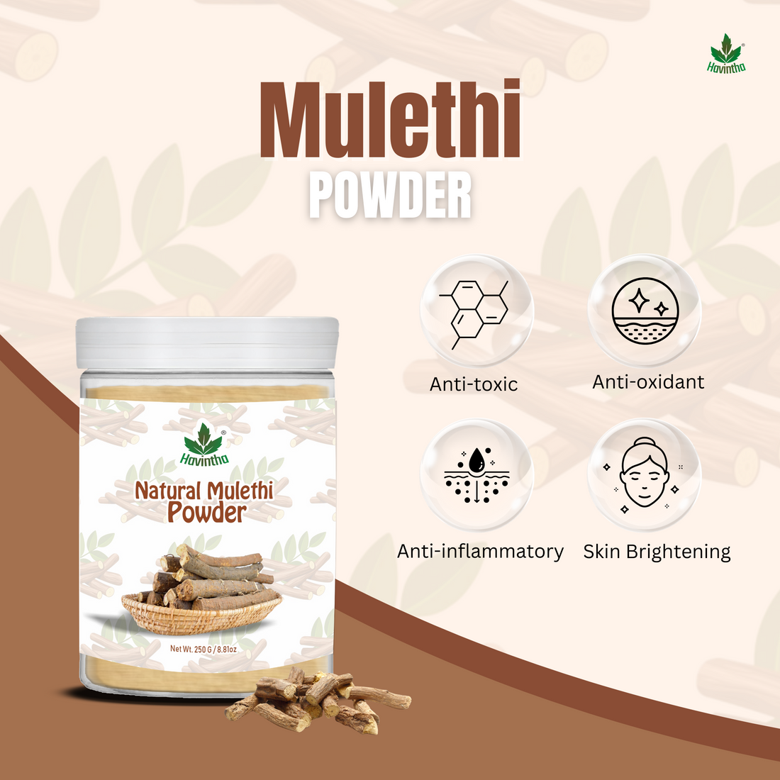 Havintha Natural Mulethi Powder | For Glowing Skin | For Face Brightening | 8 oz | 250 Grams (JAR)