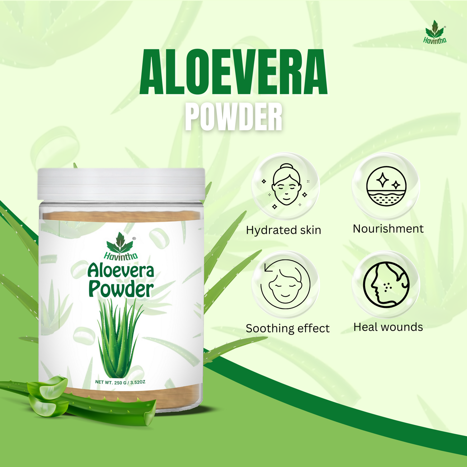 Havintha Natural Aloevera Powder for clean skin | For Glowing Skin | Natural Face Care | 8 oz | 250 Grams (JAR)