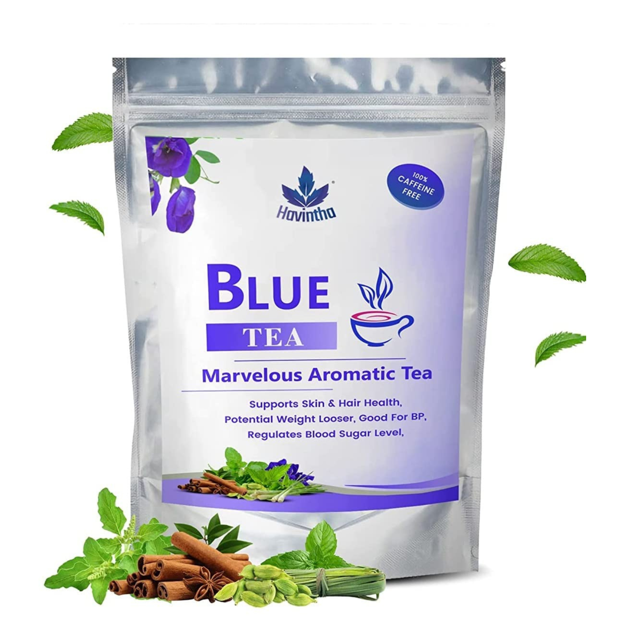 Havintha Natural Blue Tea - Butterfly Pea, Lemongrass, Tulsi, Cardamon, Cinnamon, and Mint - Vegan - Caffeine Free | Herbal Tea - 25 gm | 0.881 oz (50 Cups)