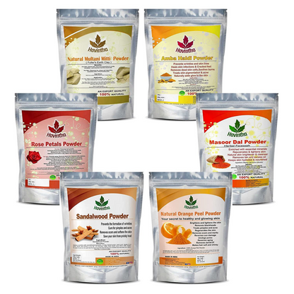 Havintha Natural Face Pack Combo Pack of Multani Mitti, Sandal Wood, Orange Peel, Rose Petal, Masoor Dal, Amba Haldi Powder (Each 50gm)