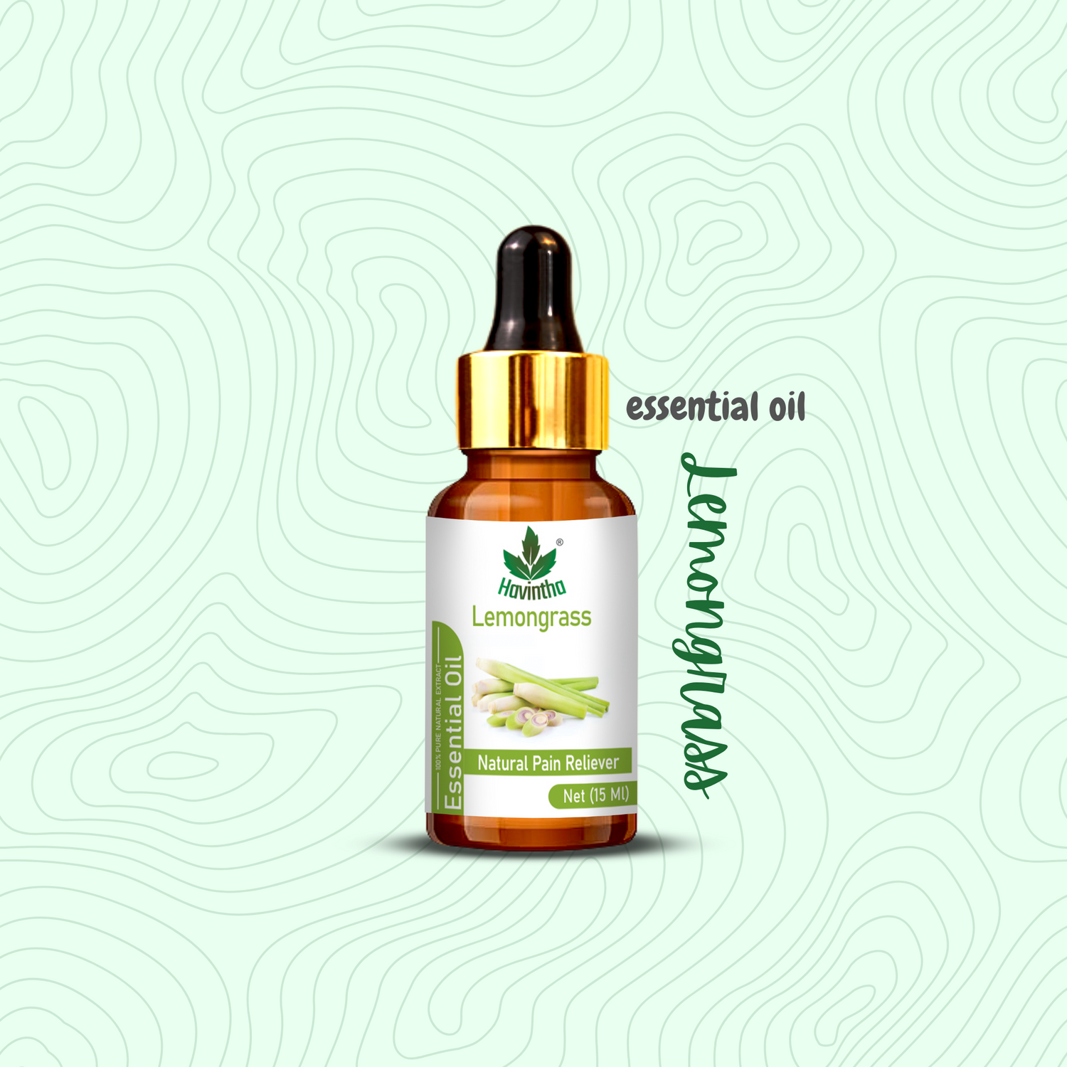 Havintha Lemongrass Essential Oil for Skin Health and Stress Reliever - Pure and Organic Product - 15 ml.