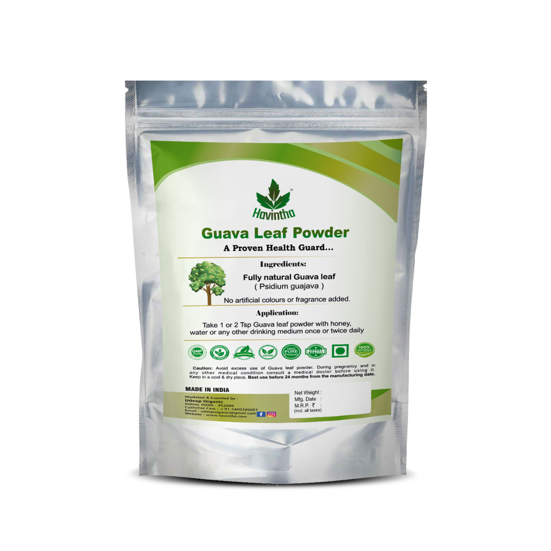 Havintha Natural Guava Leaf Powder | Dried Amrood Leaves 100% Natural Powder - 8 oz | 0.5 lb | 227 gm
