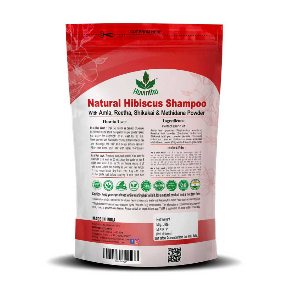 Havintha Natural Amla Reetha Shikakai Methidana And Hibiscus Powder Shampoo - 8 oz | 0.5 lb | 227 gm