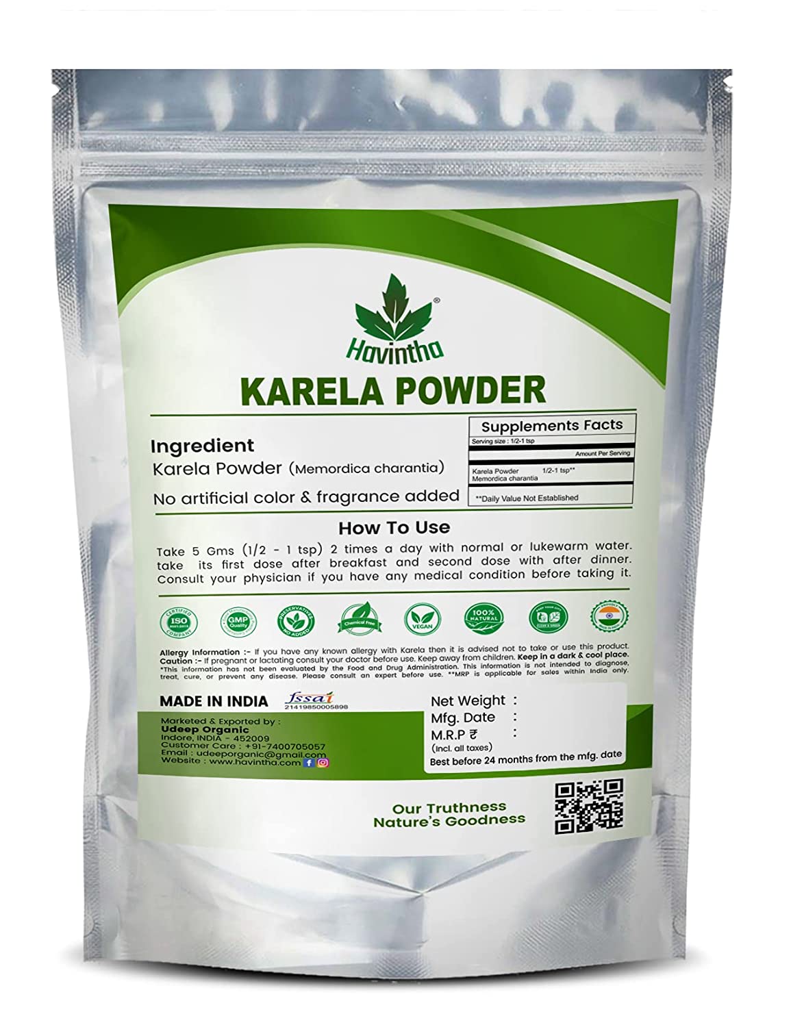 Havintha Natural Karela Powder - High in Vitamins, Minerals &amp; Antioxidants - 8 oz | 0.5 lb | 227 gm