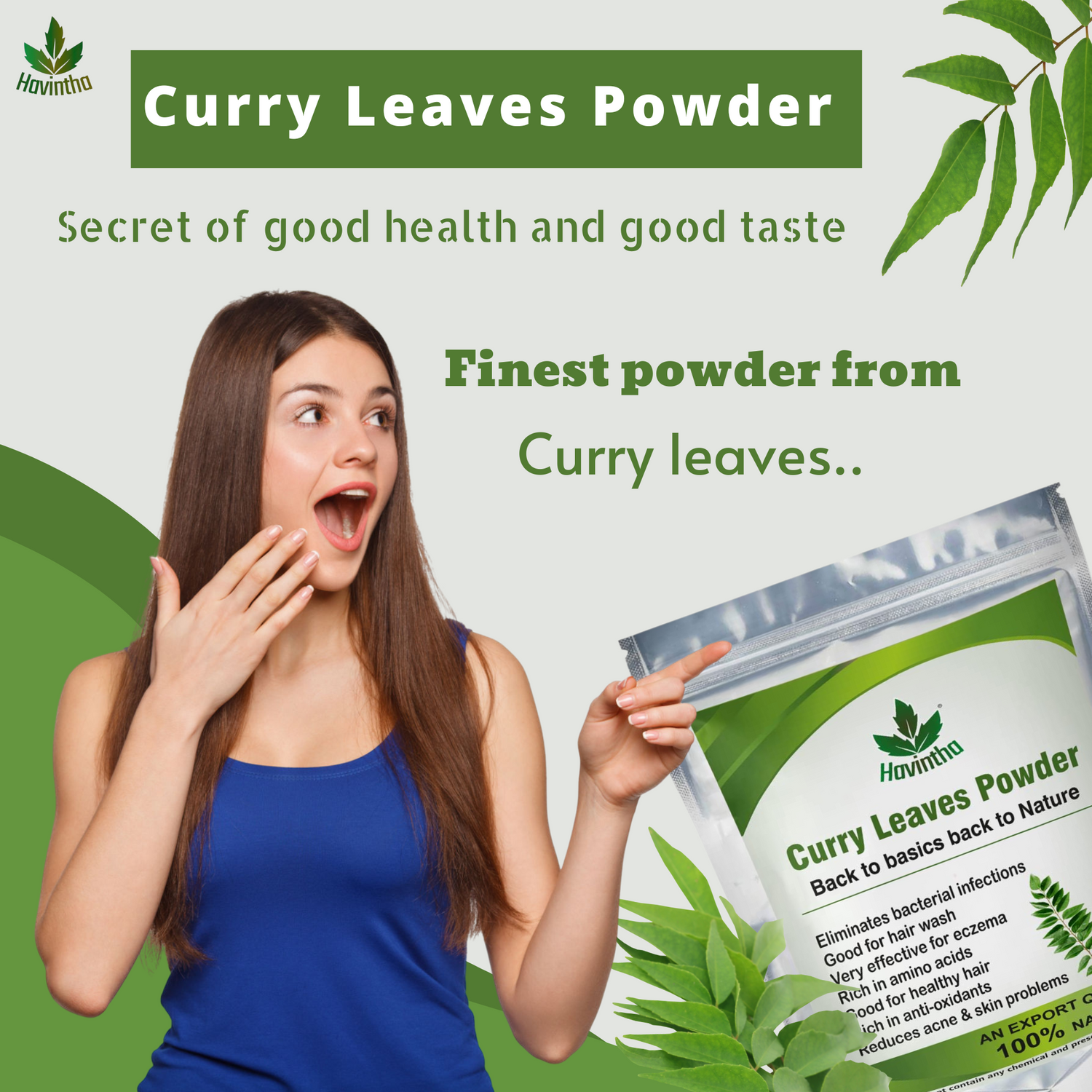 Havintha Curry Patta (Murraya koenigii) Natural Dry Curry Leaves Powder for Long, Strong and Shiny Hair - 3.5 oz | 0.2 lb | 100 gm