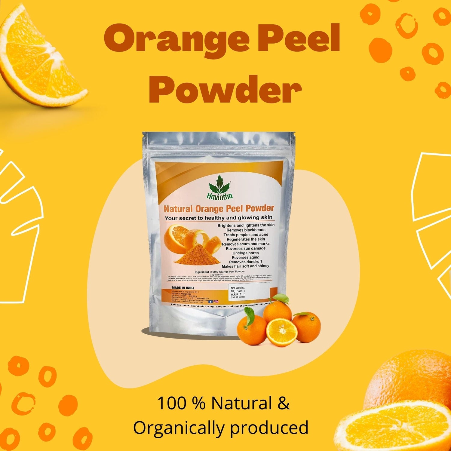 Havintha Orange Peel Powder for Face Whitening, Citrus Aurantium (Santra Chilka) Pure - 8 oz | 0.5 lb | 227 gm