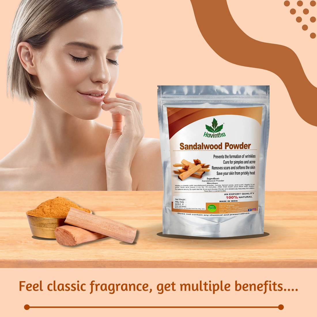 Havintha pure and natural Sandal wood powder for skin care ,face wash - 3.5 oz | 0.2 lb | 100 gm