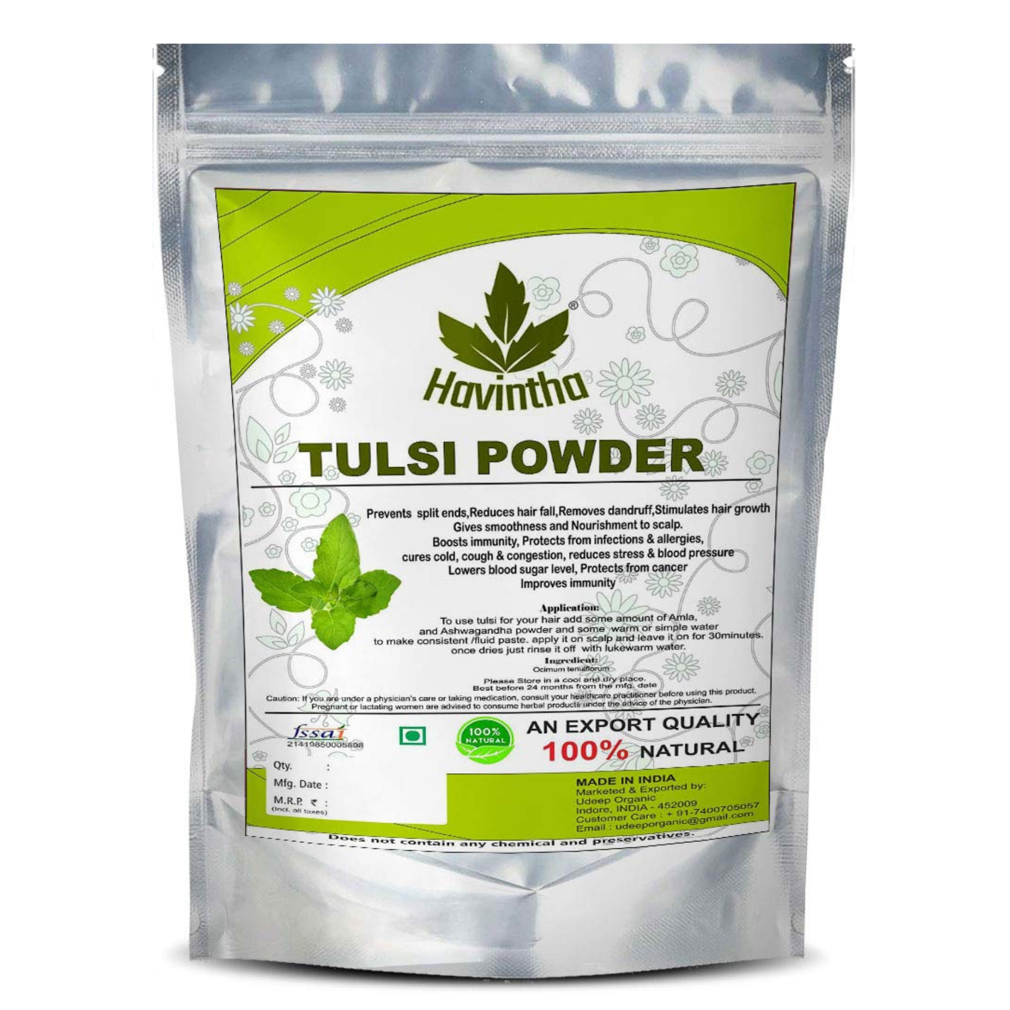 Havintha Tulsi powder for lungs, brain, skin &amp; hair health - Holy Basil - 8 oz | 0.5 lb | 227 gm